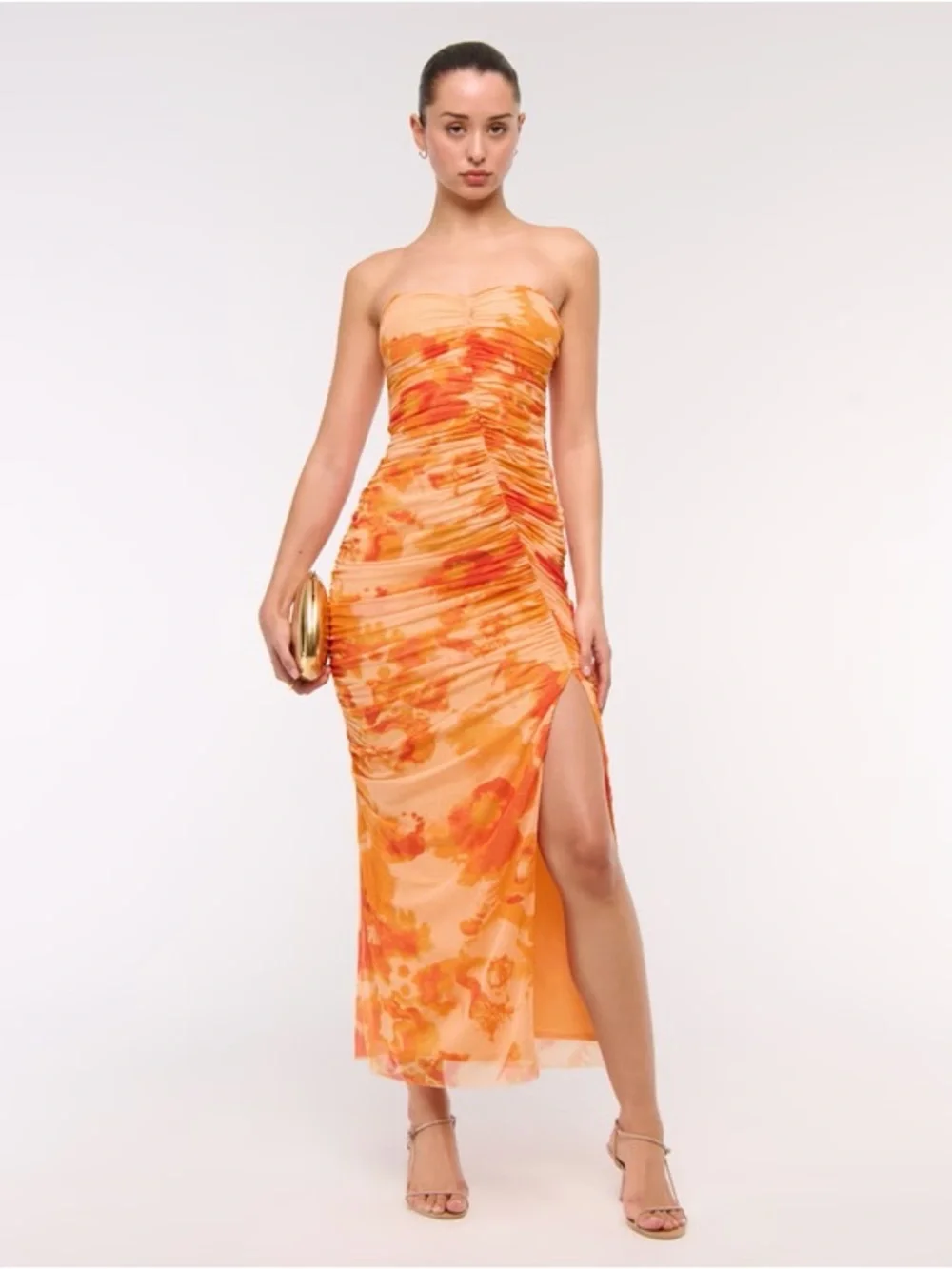 Mesh Strapless Ruched Maxi Dress